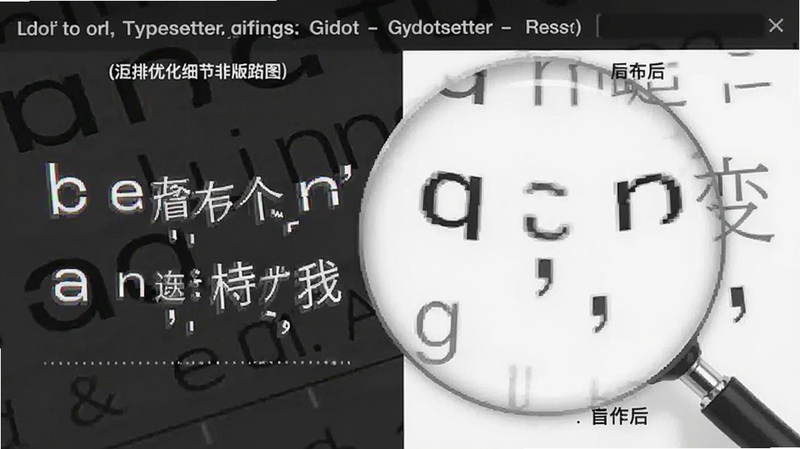排版助手(Gidot Typesetter)中英文混排优化细节放大图,对比优化前后文字间距与标点符号变化,英文字母与汉字之间有明显均匀空隙,画面清晰展示标点符号的细微差别