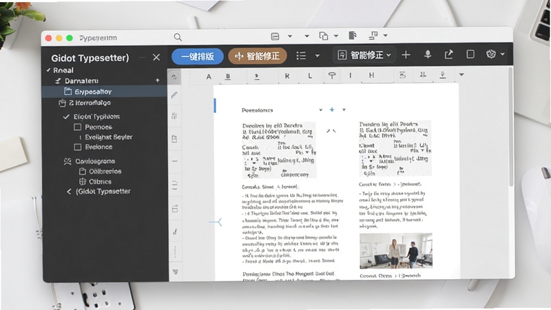 排版助手(Gidot Typesetter)主界面预览图,左侧为文档结构导航栏,右侧为编辑区域,工具栏清晰展示一键排版、智能修正按钮,整体风格清爽简约,背景为浅灰色工作台,突出软件的效率与专业感
