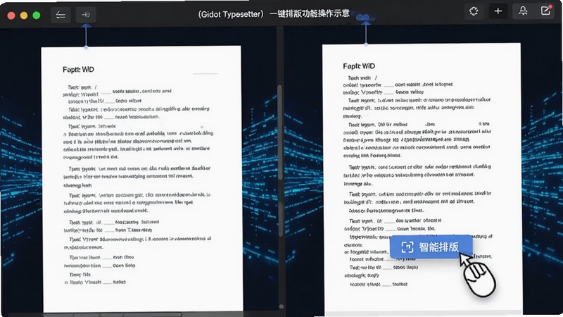 排版助手(Gidot Typesetter)一键排版功能操作示意,鼠标点击“智能排版”按钮后,右侧杂乱文本瞬间变为左侧格式规范的文档,文字段落整齐划一,背景有蓝色数据流动态特效,象征高效处理能力