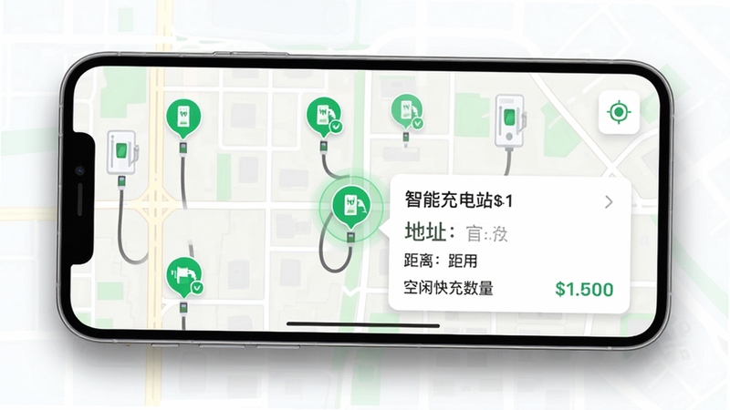 宜来电软件智能充电站查找功能截图展示,画面中手机地图上分布着多个绿色可用充电桩图标,其中一个被选中显示详情卡片,包含地址、距离、空闲快充数量与价格,背景为淡色网格地图,手机屏幕边缘带有柔和阴影,整体风格简洁现代,强调精准定位与信息透明,色彩明亮,UI元素清晰