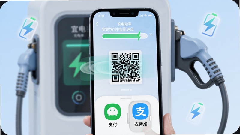 宜来电扫码充电与支付流程的界面示意图,画面展示手机扫描充电桩二维码的动效,屏幕上方显示充电功率与实时电量进度条,下方为微信支付与支付宝支付的图标选择区域,背景运用淡蓝色渐变,配合充电桩插头图形与电量图标元素,整体视觉科技感强,突出安全、快捷的支付体验,界面圆润,画面干净无杂乱元素