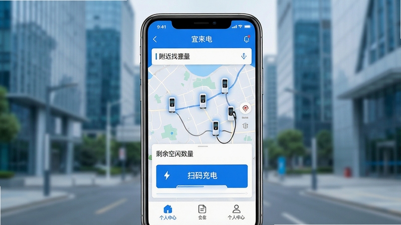 一张展示宜来电软件核心功能的手机界面预览图,界面中显示附近充电桩地图分布、剩余空闲数量、扫码充电入口与个人中心图标,整体采用蓝白配色,界面清晰直观,背景为模糊的现代城市街景,前景为手机屏幕特写,画面明亮简洁,突出软件便捷找桩与充电的核心特点,画质高清,构图居中,无文字遮挡