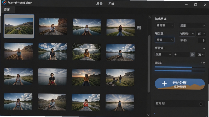 FramePhotoEditor �������������棬��������ʾ����ͼƬ����ͼ�����ڶ����У��Ҳ��������ʽ������������壬���屳��Ϊ���ɫ����ͻ���������롰��ʼ��������ť��ǿ����Ч������������