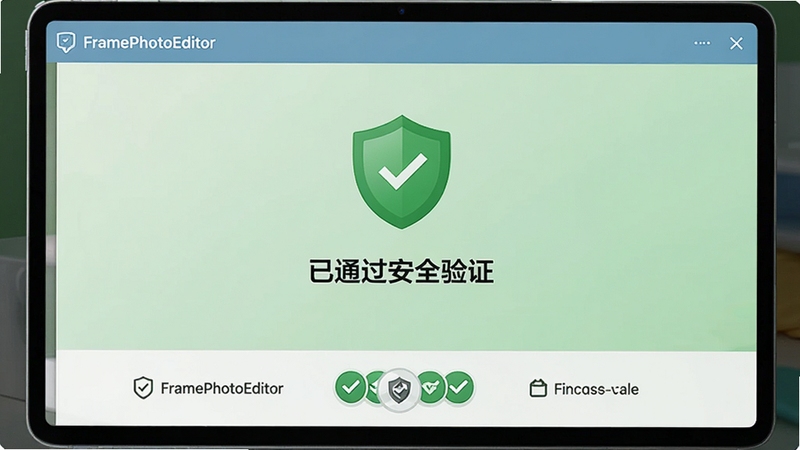 FramePhotoEditor ��ȫ�����棬��ʾ��ɫ����ͼ���롰��ͨ����ȫ��֤������������Ϊ����ɫ���䣬���Լ������α�ʶ�����ݰ�ȫ�ɿ��Ĳ�Ʒ����