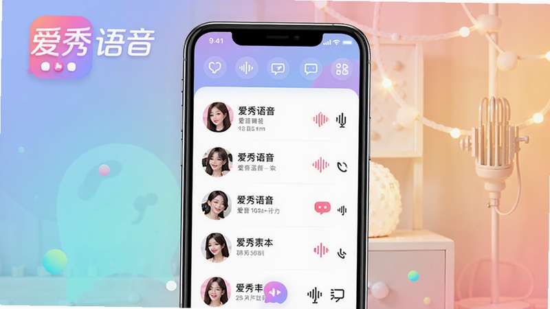 爱秀语音主界面预览图,画面中央为手机屏幕展示语音聊天房间列表,背景为柔和渐变色,整体风格现代时尚,突出软件名称“爱秀语音”的logo,画面清晰明亮,色彩活泼,营造出轻松愉悦的社交氛围,适配Boogu模型生成