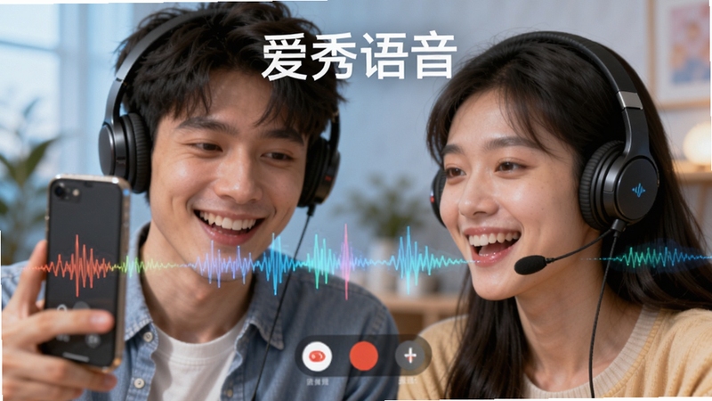爱秀语音高清语音连麦场景,画面中两位年轻男女佩戴耳机,对着手机屏幕开心对话,周围背景虚化,突出清晰的人声波形动态效果,色彩明亮,展现流畅无延迟的通话体验,画面上方悬浮“爱秀语音”品牌字样,整体富有科技感与亲和力,适配Boogu模型生成