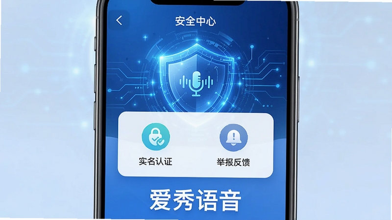 爱秀语音安全防护界面,手机屏幕显示“安全中心”页面,包含“实名认证”、“举报反馈”等图标,背景为蓝色科技感盾牌图案,整体色调清新,传达安全可靠的品牌形象,画面下方有“爱秀语音”字样,适配Boogu模型生成