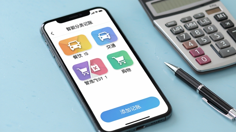 管家婆免费记账软件智能分类记账界面,画面展示手机屏幕,屏幕上显示餐饮、交通、购物等彩色分类图标,下方有添加记账按钮,背景为浅蓝色桌面,旁边放有计算器和笔,风格写实清晰,突出功能便捷性。