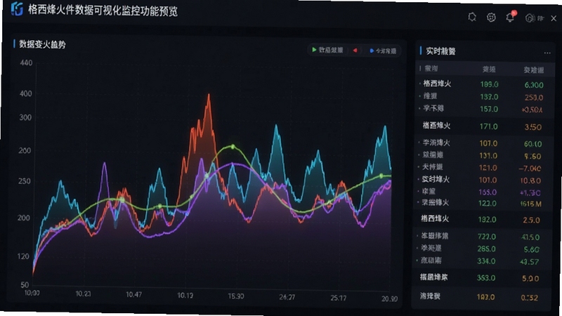 格西烽火软件数据可视化监控功能预览,显示动态波形曲线与实时数据列表,界面采用深色主题,曲线颜色鲜艳明亮,清晰展示数据变化趋势