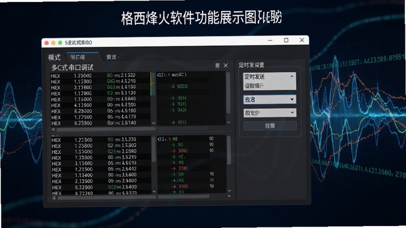 格西烽火软件功能展示图,聚焦于多模式串口调试界面,显示HEX与ASCII数据收发区域、定时发送设置选项,背景有数据波形流动,整体风格现代清晰