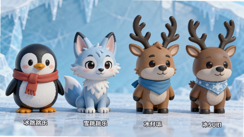 冰雪跳跳乐角色皮肤展示图,画面中央展示一排不同造型的Q版冰雪动物角色,包括企鹅、雪狐、驯鹿,每个角色下方显示名字,背景为淡蓝色冰墙,光线柔和,UI风格简洁清晰