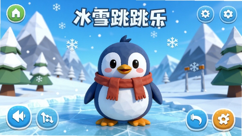 冰雪跳跳乐游戏主界面预览图,展示冰雪覆盖的卡通场景,中央站立一个可爱圆润的蓝色企鹅主角,背景是雪山与飘落的雪花,UI按钮清晰,色彩明亮饱和,采用3D低多边形风格,整体氛围欢快活泼