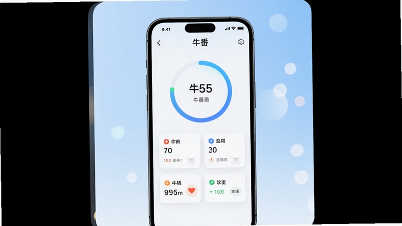 牛番应用主界面预览图,画面中央展示手机屏幕内牛番软件的健康管理仪表盘,包含圆形进度环与数据卡片,背景为浅蓝色渐变与柔和光斑,整体风格现代简洁,突出软件专业与易用性,竖版构图