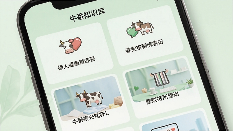 牛番软件健康知识库界面示意图,手机屏幕上列出多个图文卡片,每张卡片显示健康主题图标与标题,背景为淡雅的浅绿色,营造清新专业的阅读氛围,画面中无真实人物,重点展示界面布局与内容分类