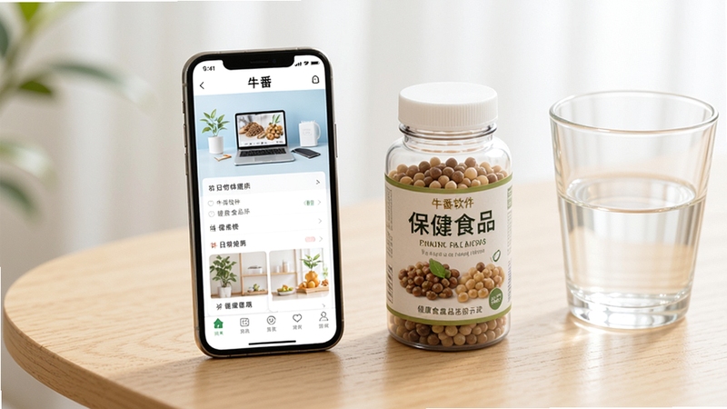 牛番软件与健康食品搭配示意图片,画面展示手机上的牛番应用界面与一瓶保健颗粒并列放在浅色木桌上,旁边有一杯温水,构图清晰,光线明亮柔和,突出日常健康管理的场景,无人物出现