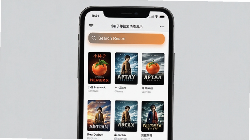 小柿子软件搜索功能演示,手机屏幕上显示搜索结果列表,包含多部电影封面缩略图,背景为浅灰色,界面整洁,搜索框高亮显示,现代扁平化设计风格