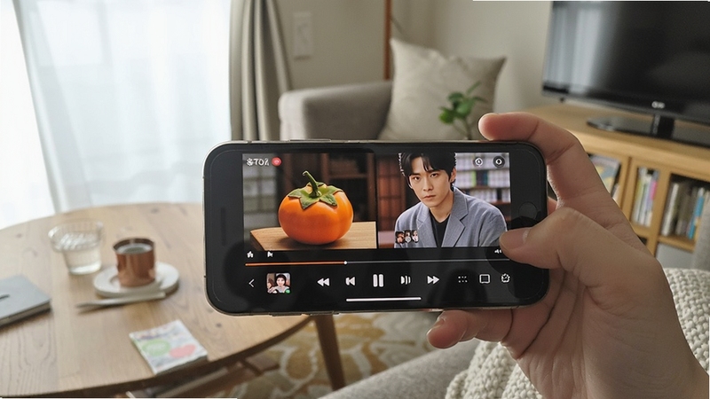 小柿子在手机上运行的实拍图,画面显示一部热门电视剧的播放界面,周围环境为客厅沙发,手机握在手中,自然光线下拍摄,清晰逼真