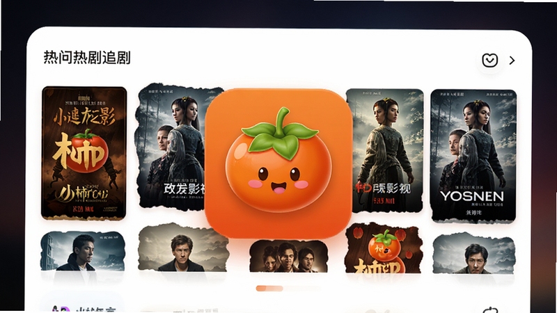 小柿子追剧App主界面预览图,画面中央显示热门影视海报墙,背景采用深色渐变,图标设计为一个卡通柿子形象,整体风格现代简洁,高清渲染