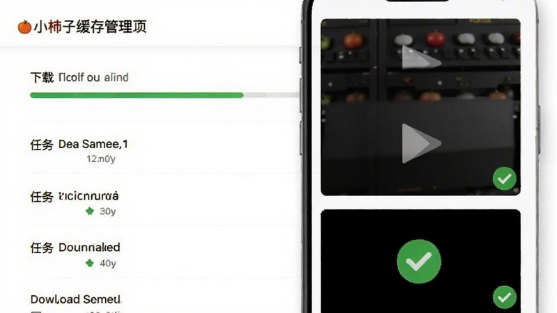 小柿子缓存管理页面,显示正在下载的任务列表和进度条,背景为纯白色,下载完成的视频带有绿色对勾图标,界面简洁明了,适合移动端展示