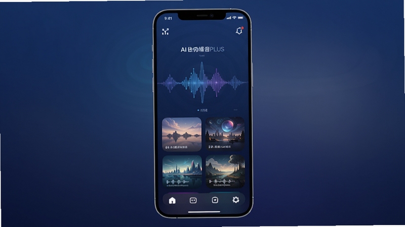AI白噪音PLUS应用主界面预览图,手机屏幕展示动态波形与多种声景卡片,背景为柔和渐变深蓝色调,界面简洁现代,图标精致,画面主体居中,强调沉浸感与科技感,适配竖屏手机壁纸风格