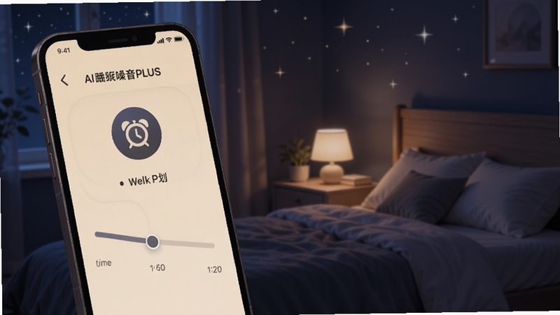 AI白噪音PLUS睡眠计划界面截图,显示渐弱时间轴与闹钟图标,背景为星光点点的卧室环境,手机屏幕亮着暖色灯光,营造安宁睡前氛围,构图温馨