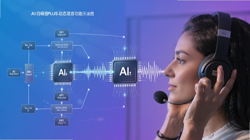 AI白噪音PLUS动态混音功能示意图,展示AI芯片与音频波形结合,画面分屏左侧为算法流程图,右侧为耳机聆听场景,色调以蓝紫渐变为背景,突出智能感与科技美学