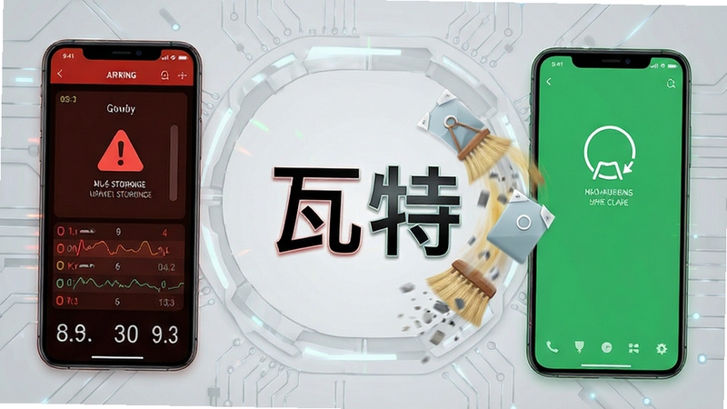 一张对比图,左侧是手机存储空间几乎满的红色警告画面,右侧是使用瓦特清理后显示绿色清爽状态的手机屏幕,画面中央有“瓦特”字样和垃圾文件被清扫的动态效果,背景为浅灰色科技感纹理,视觉对比强烈,细节丰富,博古模型生成
