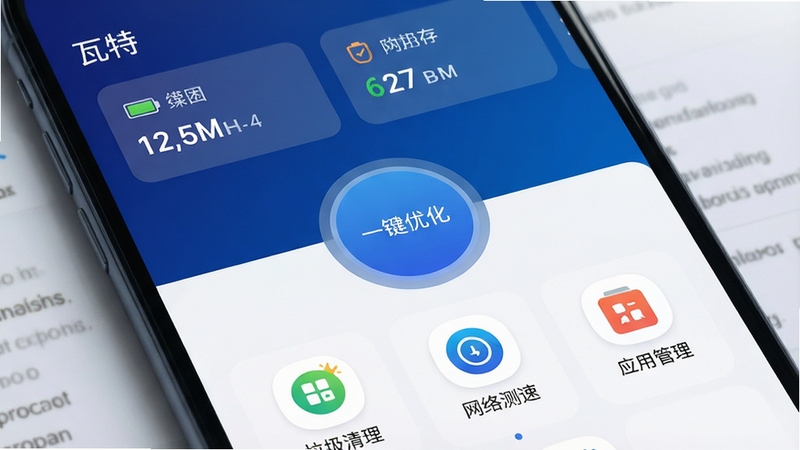 一张高清的智能手机屏幕截图,展示瓦特应用的主界面,背景为深蓝色渐变,界面顶部显示“瓦特”字样和电池温度、内存占用率等实时数据卡片,中间是圆形一键优化按钮,下方分布着垃圾清理、网络测速、应用管理等功能图标,整体风格简洁现代,光线柔和,细节清晰,博古模型生成