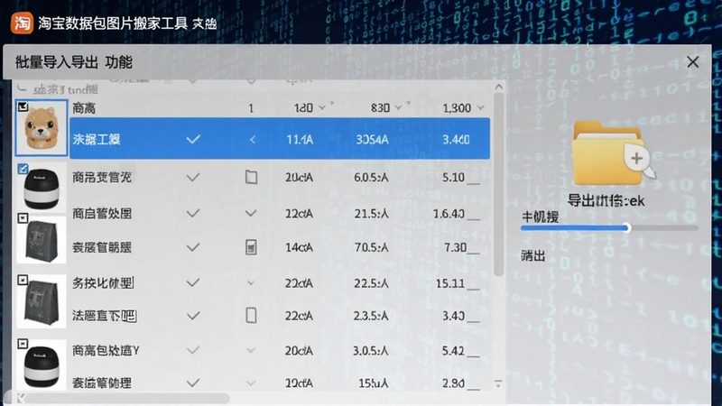 淘宝数据包图片搬家工具批量导入导出功能截图,界面中显示多行商品数据被选中,进度条快速滚动,旁边有导出文件夹图标,背景为数字代码流,体现高效处理能力
