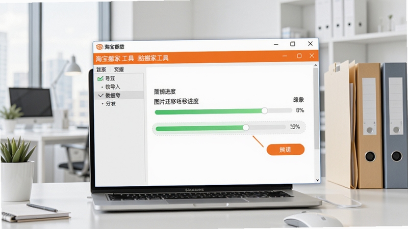淘宝数据包图片搬家工具电脑桌面版预览图,主界面显示数据包导入与图片迁移进度条,背景为现代简洁的办公室环境,桌面上摆放着笔记本电脑和文件夹,画面清晰明亮,突出软件界面与操作流程