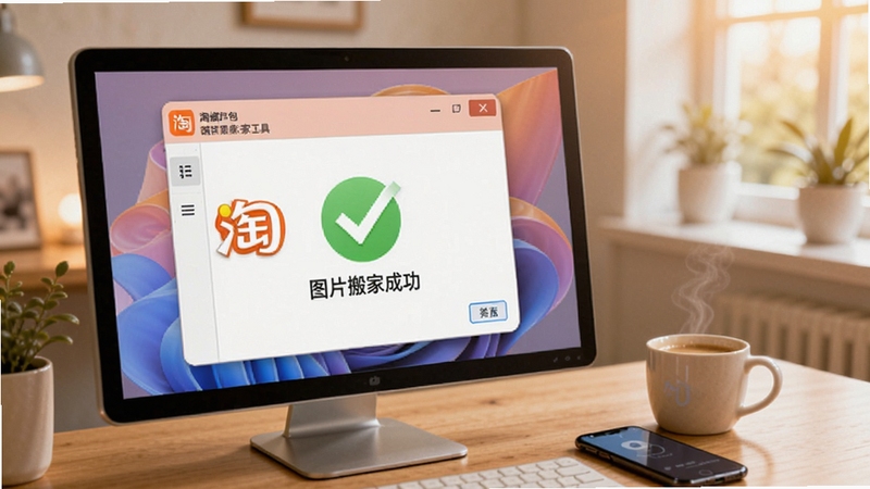 电脑桌面显示淘宝数据包图片搬家工具正在运行,界面上有绿色对勾表示搬家成功,旁边有一杯咖啡和手机,氛围轻松,突出软件易用性