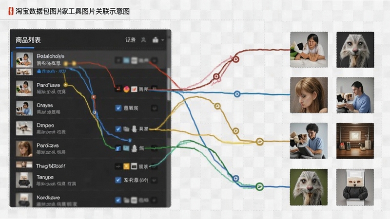 淘宝数据包图片搬家工具图片关联匹配示意图,左侧为商品数据列表,右侧为对应图片缩略图,两者之间用彩色线条连接,整体界面清晰,背景为浅灰色网格,突出智能匹配逻辑