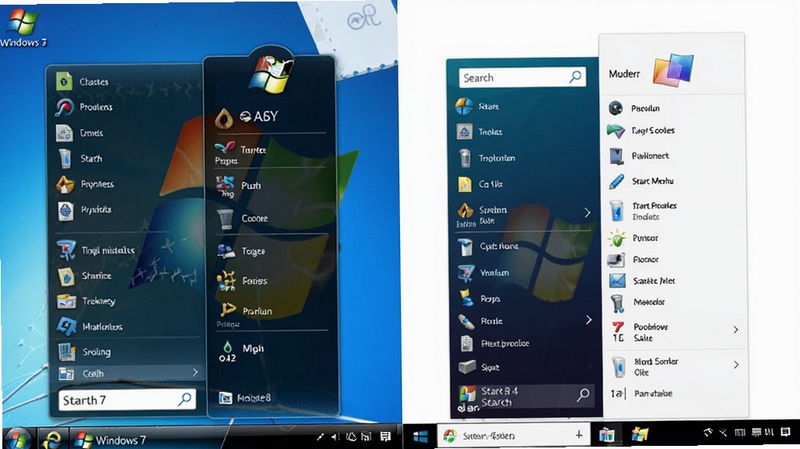 Start8 开始菜单样式对比图,左侧为 Windows 7 经典菜单布局,右侧为自定义后的现代菜单,两者均显示程序列表和搜索框,背景采用干净的白色调,以直观对比展示软件的不同风格选项。