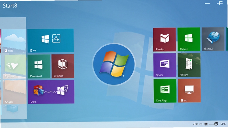 Start8 软件主界面预览图,画面中央展示一个带有 Windows 经典徽标的开始按钮,周围环绕着 Windows 8 风格的磁贴界面,背景为柔和的蓝色渐变,整体风格简洁现代,突出软件恢复开始菜单的核心功能。