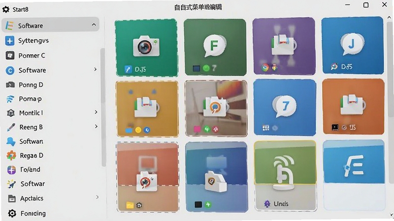 Start8 自定义菜单编辑界面,展示用户将常用软件和系统工具归类整理后的效果,菜单布局清晰,左侧为功能列表,右侧为磁贴区域,背景为浅灰色,体现软件强大的管理能力。