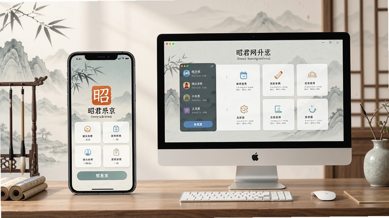 一张高清的昭君网客户端使用场景预览图,画面主体为软件在手机与电脑上的界面展示,背景为融合古典文化与现代简约风格的书房桌面,整体色调淡雅,突出软件的品牌标识与核心功能布局。