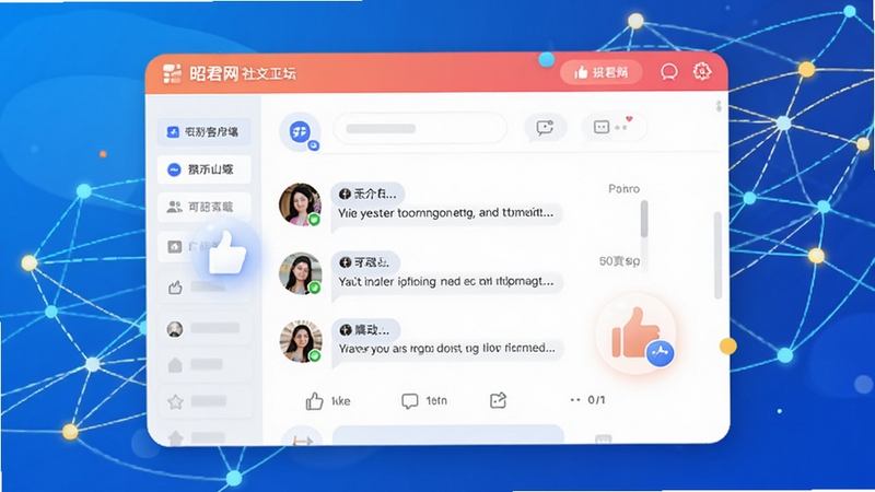 昭君网客户端社区互动页面模拟图,界面展示用户评论与点赞动画,背景为论坛界面与抽象网络连接线条,色调活泼明快,体现社交互动属性。