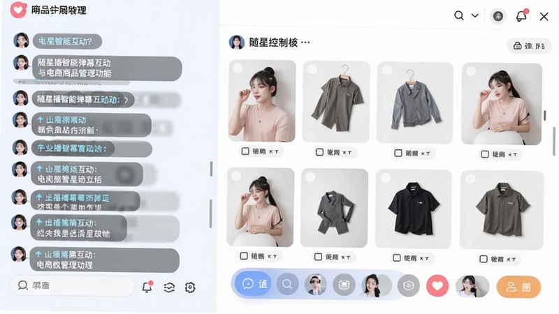 随星播智能弹幕互动与电商商品管理功能界面截图,左侧弹幕滚动,右侧商品橱窗展示,主播控制台按钮清晰,整体UI明亮友好。