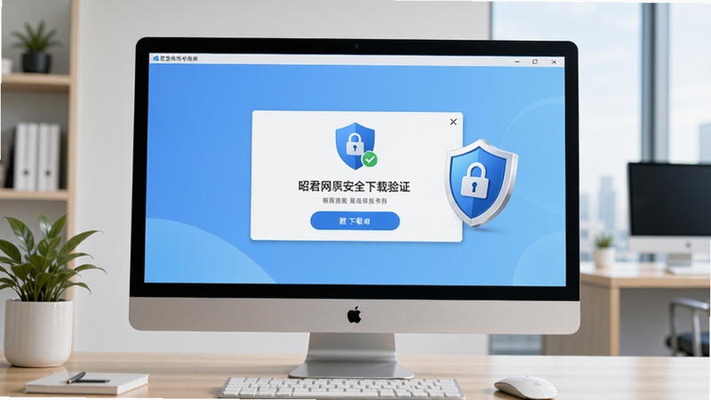 昭君网客户端安全下载验证界面示意图,画面展示电脑屏幕上的下载弹窗与防护盾牌图标,背景为整洁的现代办公环境,色调清新,强调安全可靠的下载体验。