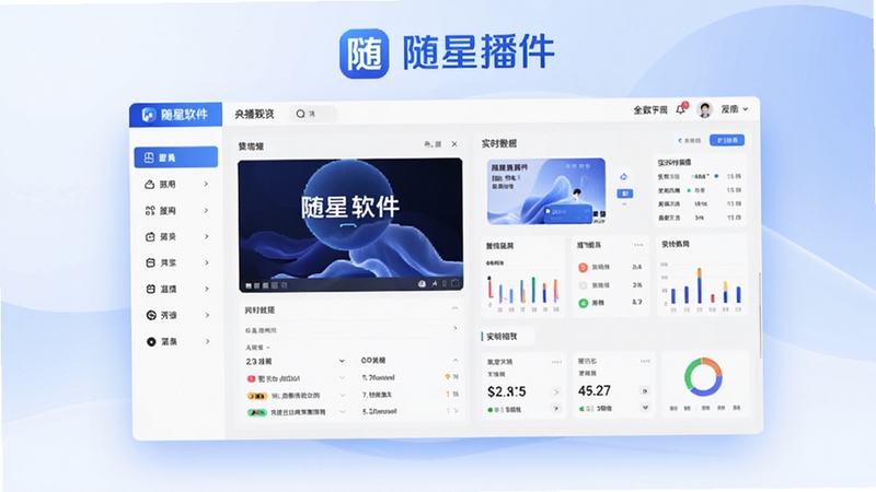 随星播软件主界面全貌预览图,画面中央显示多平台直播管理后台,左侧功能列表清晰,右侧实时数据大屏,整体风格现代简洁,蓝白配色,背景为柔和渐变,突出软件名称随星播Logo。