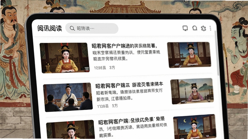 昭君网客户端资讯阅读界面特写,展示图文并茂的文章列表,背景为古代宫殿壁画元素,画面清晰明亮,突出文化资讯的丰富性与视觉美感。