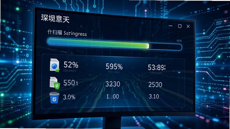 意天垃圾文件清理软件正在进行深度扫描,屏幕上显示扫描进度条和各类垃圾文件数量,色彩鲜明,科技感背景,突出扫描的全面与高效