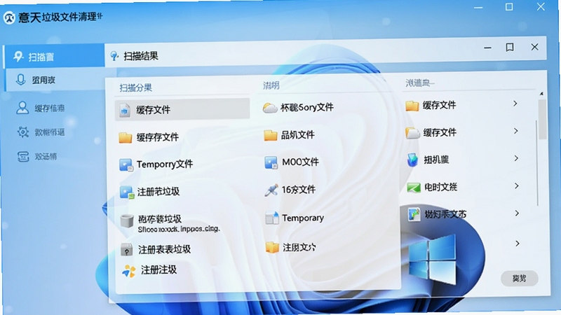 意天垃圾文件清理软件的软件主界面预览图,界面清晰展示扫描结果分类列表,包括缓存文件、临时文件、注册表垃圾等,背景为清爽的蓝白色调,现代感科技感,整体画面明亮简洁,突出软件的易用性和专业性