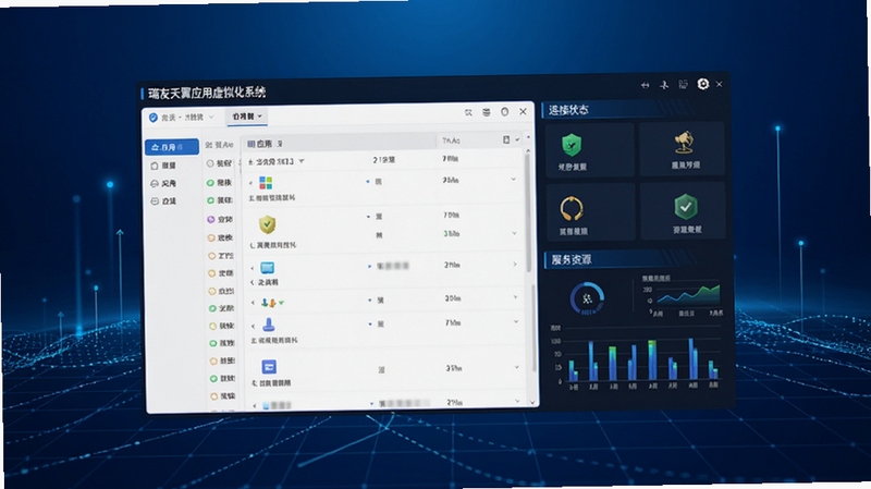 瑞友天翼应用虚拟化系统界面预览图,画面中央是系统管理控制台,左侧为应用列表,右侧显示连接状态与服务器资源监控图表,背景采用深蓝色科技感渐变,配以网格状数据流动线条,整体风格专业、清晰,体现企业级软件的安全与高效,画质细腻,构图平衡