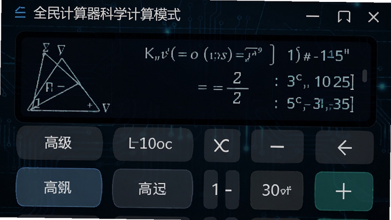 全民计算器科学计算模式界面,显示三角函数、对数等高级按键,屏幕展示复杂公式计算结果,背景深色科技感,数字与符号显示清晰,突出专业计算功能