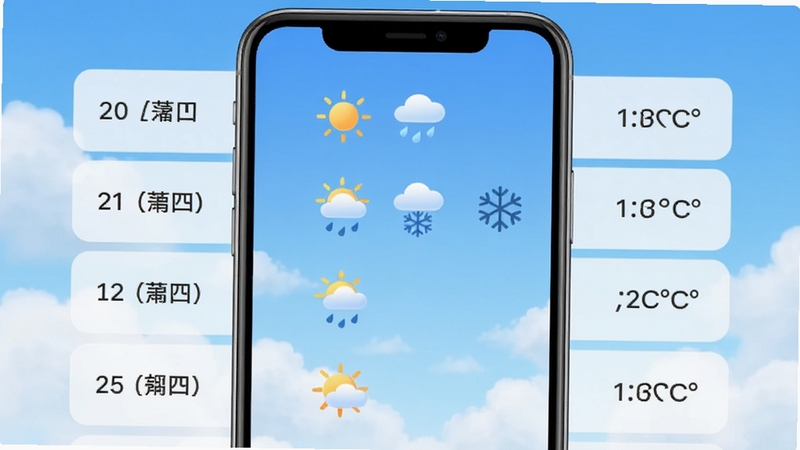 15日天气预报王主界面预览图,竖版手机屏幕展示未来15天天气列表,左侧日期星期,中间天气图标(晴雨雪),右侧温度区间,背景为渐变蓝天白云,界面简洁清晰,图标圆润,色彩明快,整体风格现代实用,适配移动端UI设计,画面中心突出天气信息。