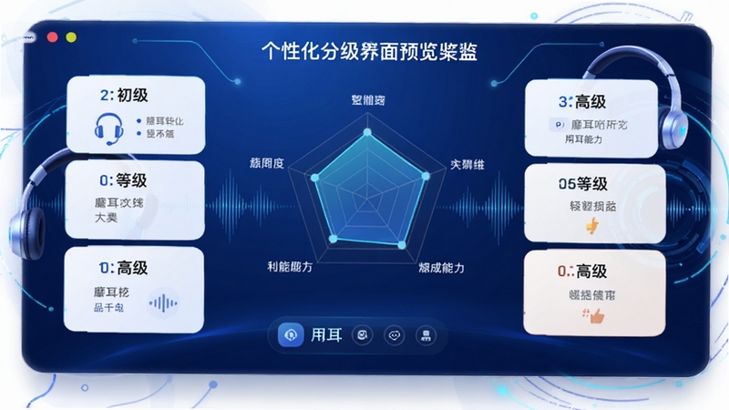 蘑耳听力软件的智能分级界面预览图,画面展示从初级到高级的多个等级卡片,中央有一个雷达图显示用户能力维度,背景采用蓝色渐变科技风格,配有耳机和声波图形装饰,整体设计现代且富有动感,突出个性化推荐功能。