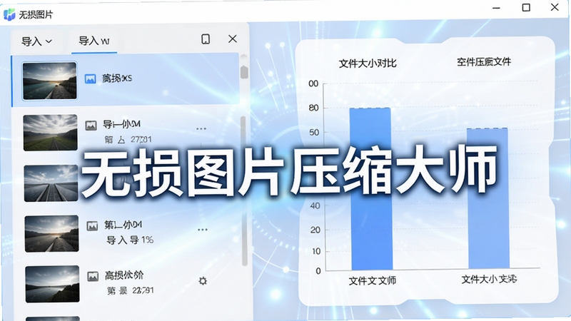 一幅展示无损图片压缩大师主界面的高清产品预览图,界面设计现代简洁,左侧为图片导入列表区域,右侧显示压缩前后文件大小对比的柱状图,画面中央醒目标注软件名称“无损图片压缩大师”字样,背景为柔和的蓝白渐变科技感光效,整体风格明亮专业,突出软件高效易用的核心特性。