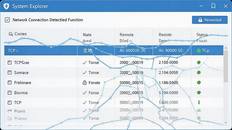 System Explorer 网络连接检测功能界面图,展示TCP连接列表、本地与远程端口、状态标记,界面以蓝白配色为主,突出数据清晰度与安全监控氛围。