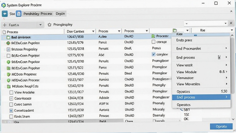 System Explorer 进程管理功能展示图,显示详细进程列表及右键菜单,包含结束进程、查看模块等选项,界面整洁,背景为浅灰色调,突出数据列表与操作按钮。